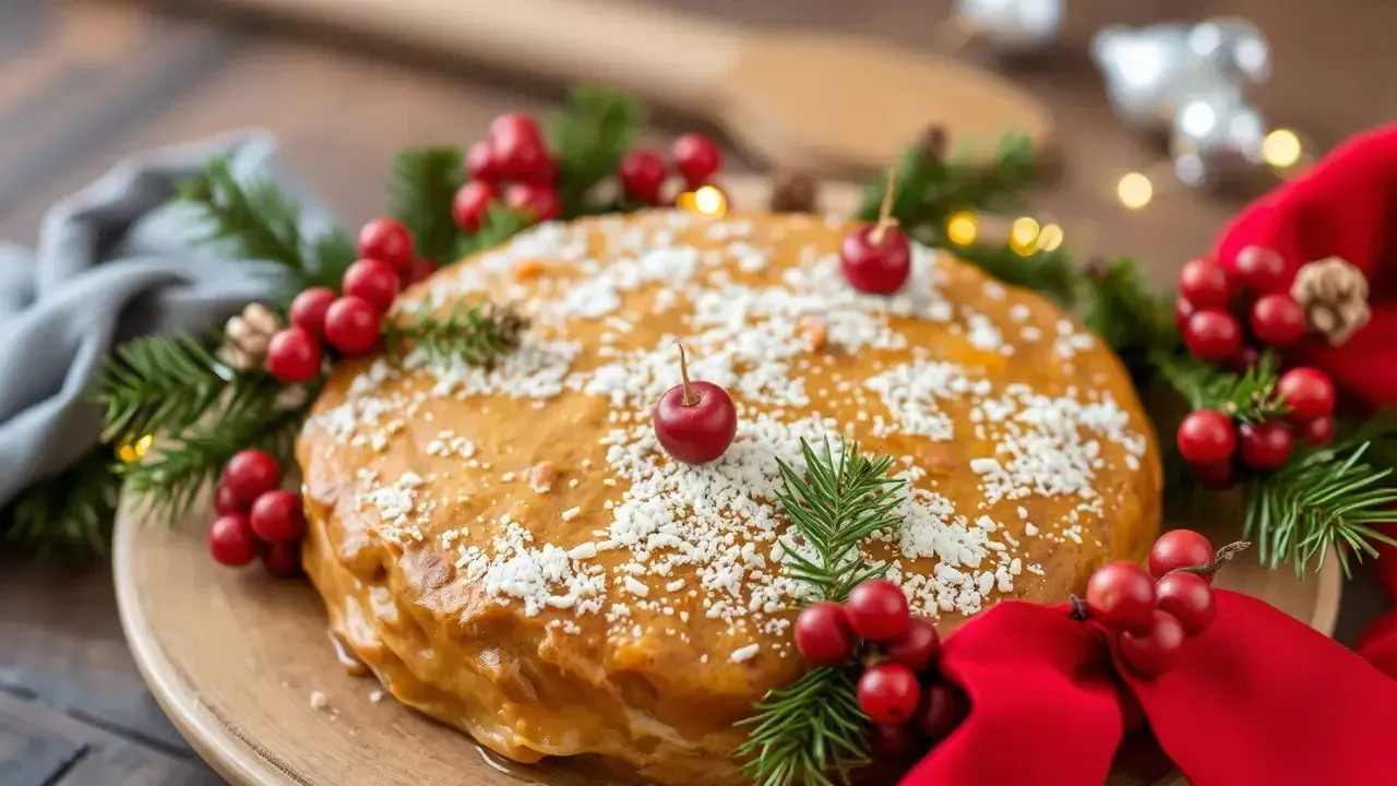 Gâteau sans gluten décoré de cerises fraîches, parfait pour un dessert de Noël festif.